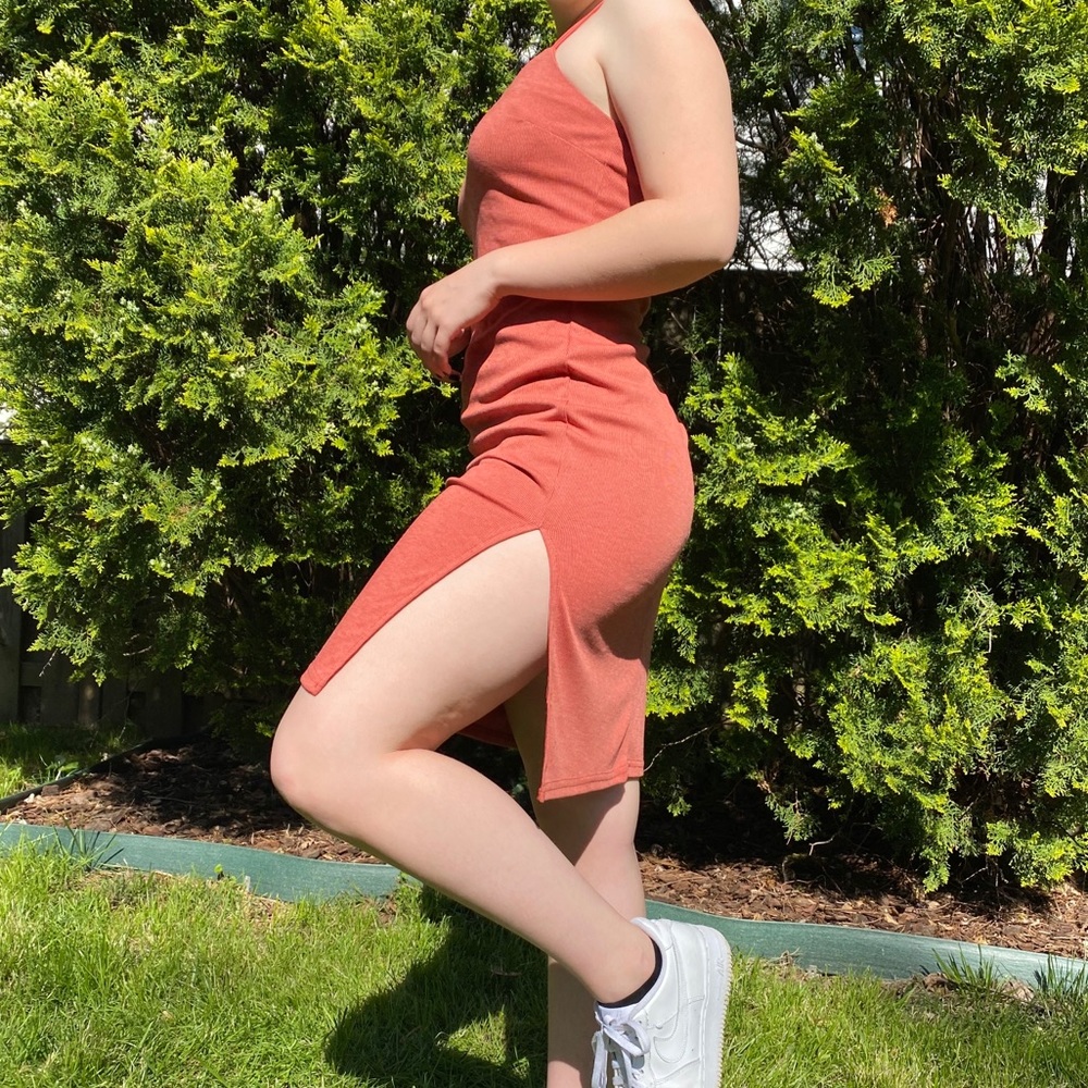 mini red and white stripe midi dress with slit